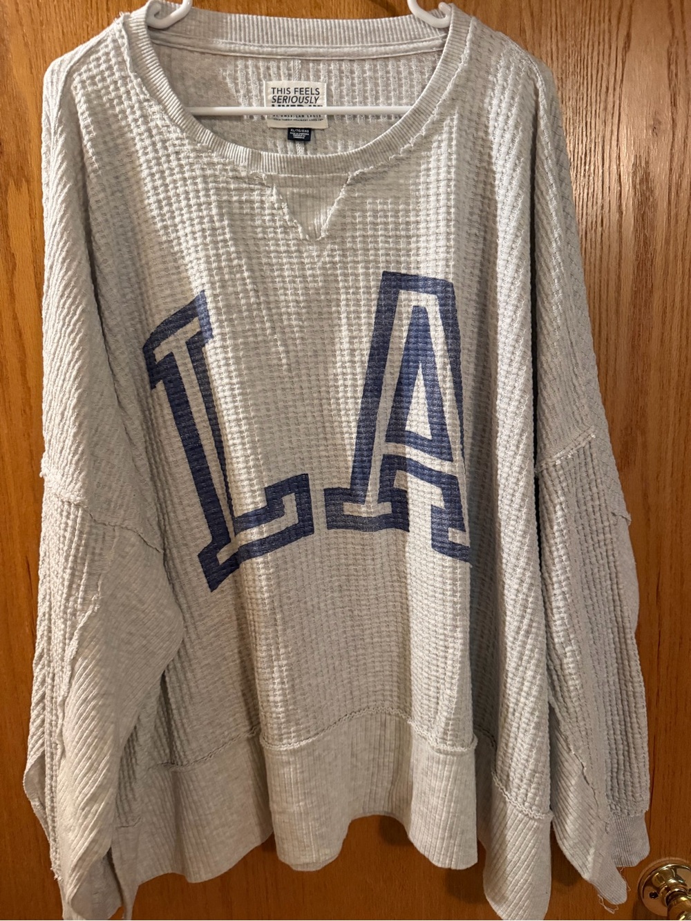 American Eagle Outfitters Gray Waffle-Knit Crewneck with Navy LA Graphic